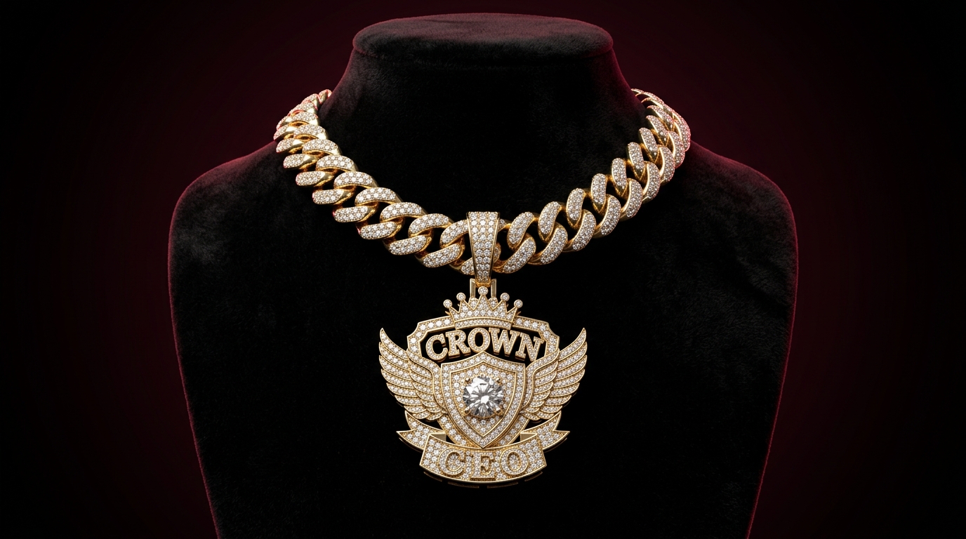 Photo of a gold iced-out Cuban chain with a crown pendant