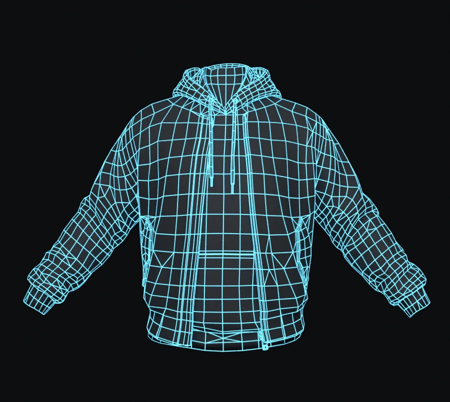 Wireframe of a generated jacket with clean, even topology