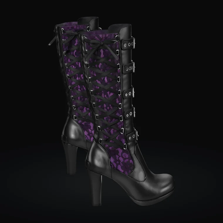 3D black and purple lace-up knee boots