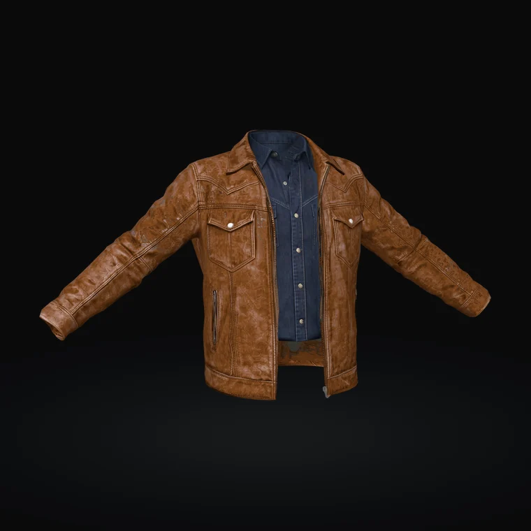 3D tan leather jacket over a denim shirt