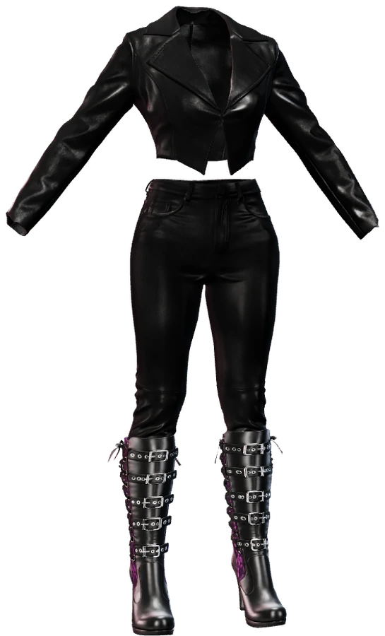 3D black leather jacket, leather pants and buckled knee boots made for the female ped