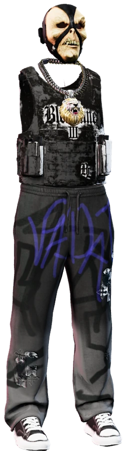 3D monster mask, iced lion chain, plate carrier vest, graffiti joggers and sneakers