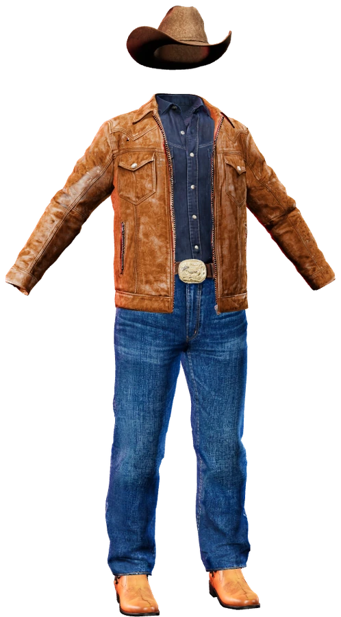 3D cowboy hat, tan leather jacket over a denim shirt, belted jeans and western boots